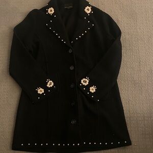Cynthia Rowley Black Trench Coat with White Floral Accents